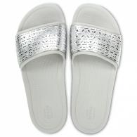 Womens Crocs Sloane Graphic Etched Slides Pearl White / Silver